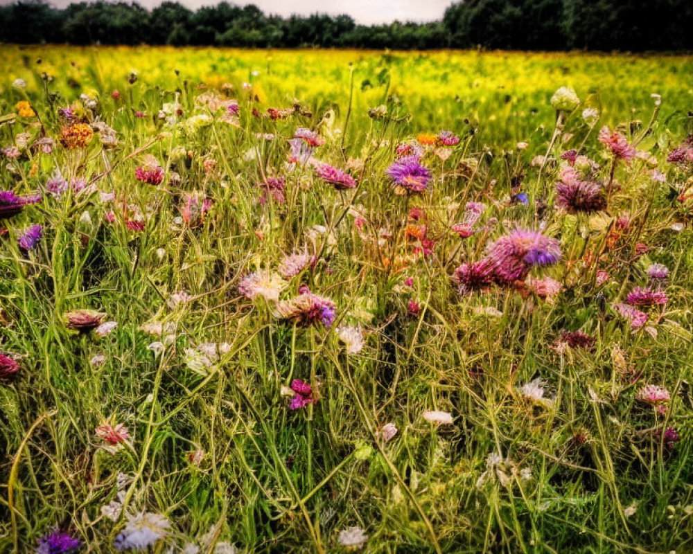 Assorted wildflowers in vibrant field under dramatic sky