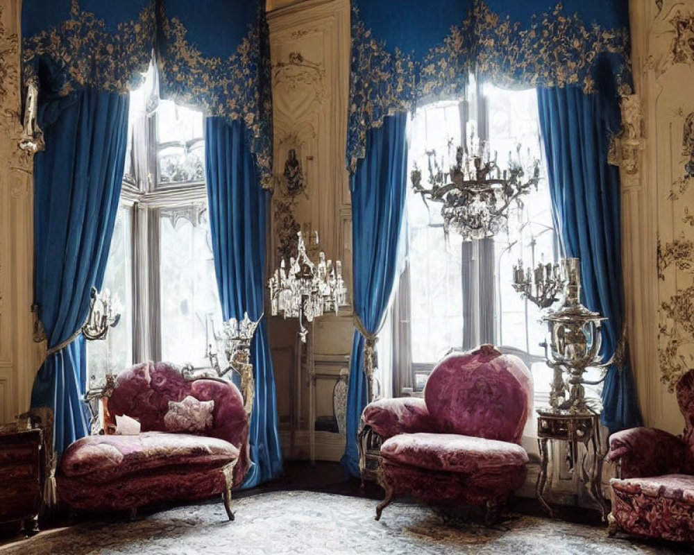 Vintage Room with Blue Drapes, Ornate Wallpaper, Pink Armchairs, Chandeliers,