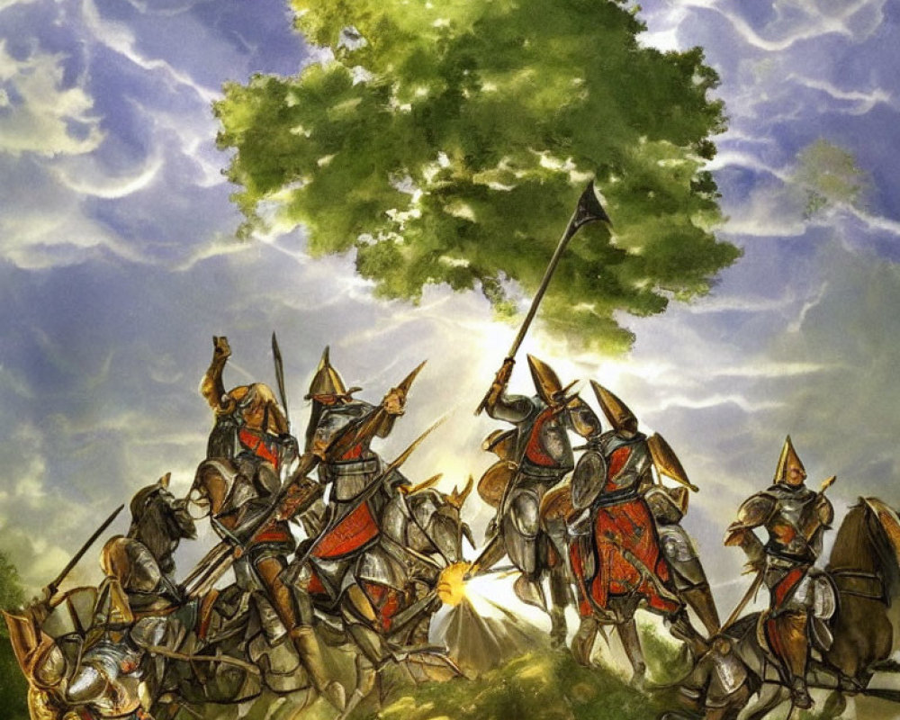 Medieval knights on horseback in armor charging under a tree on cloudy sky background