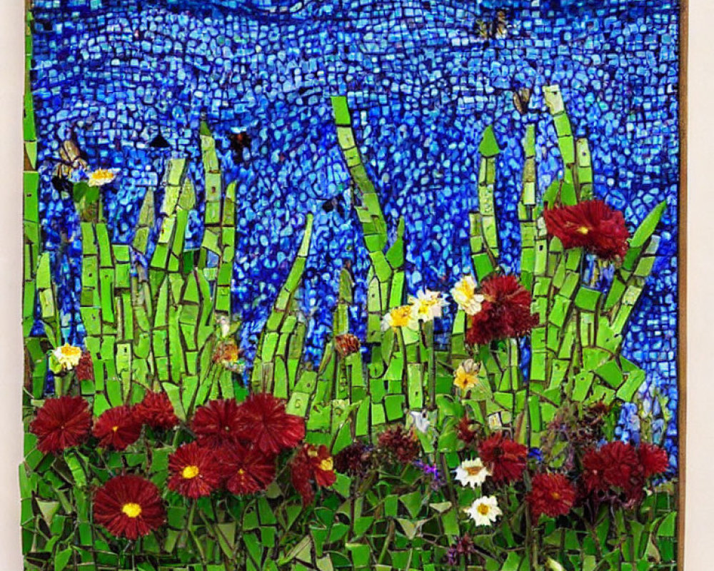 Colorful Flower Mosaic Artwork Featuring Green Grass on Cobalt Blue Background