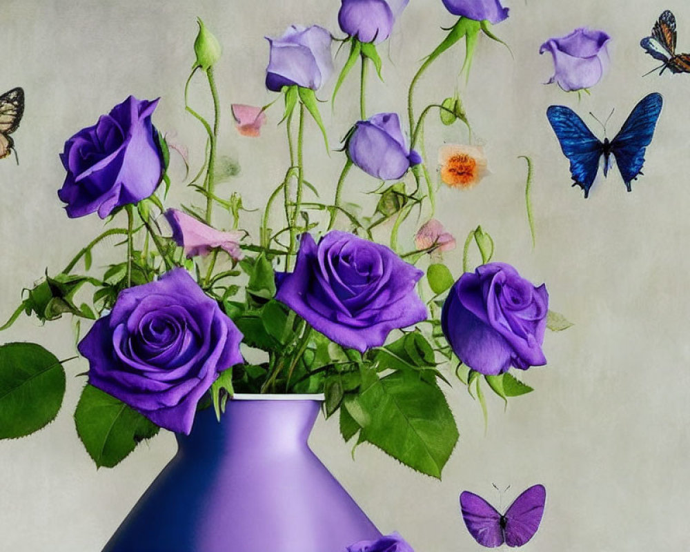 Colorful butterflies and purple roses in violet vase on textured beige background