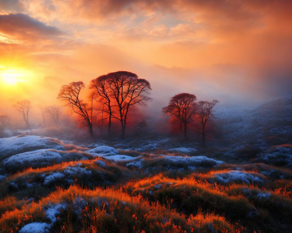 Tranquil sunrise landscape with frost-covered hills and misty trees