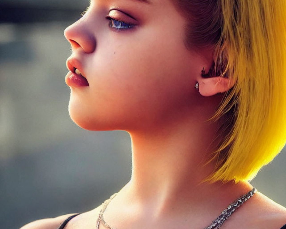 Portrait of young woman with yellow hair and blue eyes in black top and silver necklace