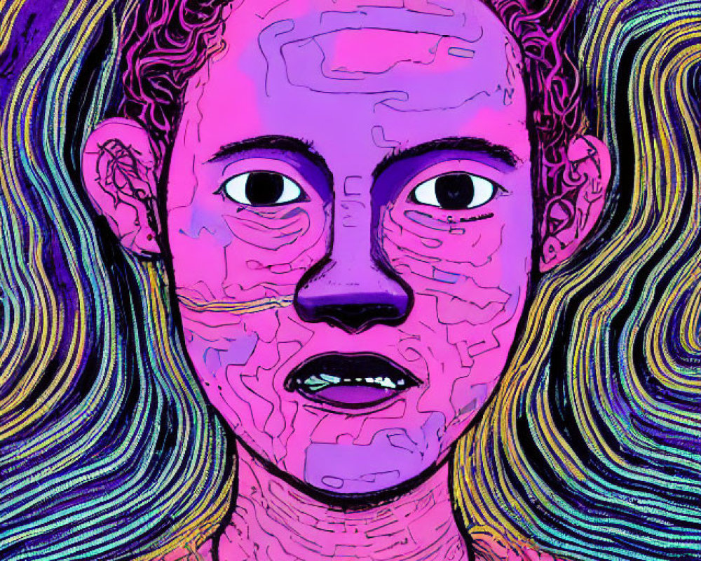 Colorful digital portrait with swirling purple and yellow background and stylized figure with prominent eyes and textured skin