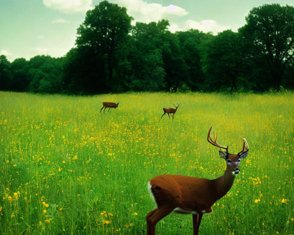 Three deers in vibrant green field with flowers and trees