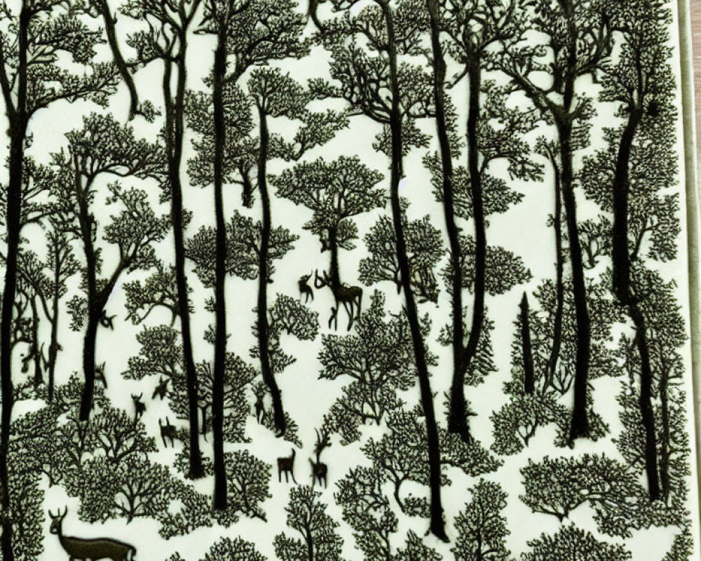 Detailed black and white forest illustration with trees and deer.