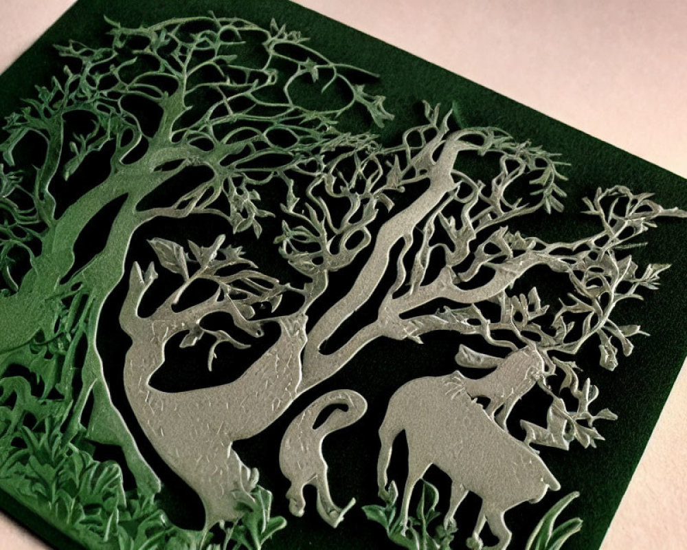 Detailed Forest Scene Paper Cut-Out Artwork with Deer on Green Background