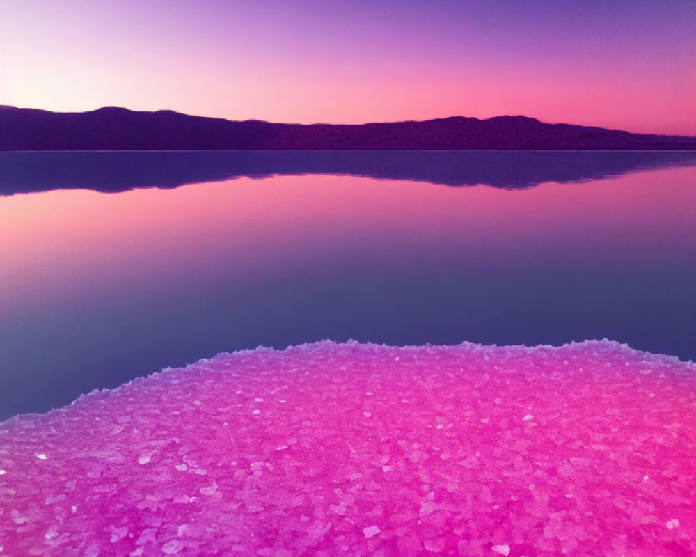 Pink Salt Flat Reflecting Purple Sky and Mountains at Twilight