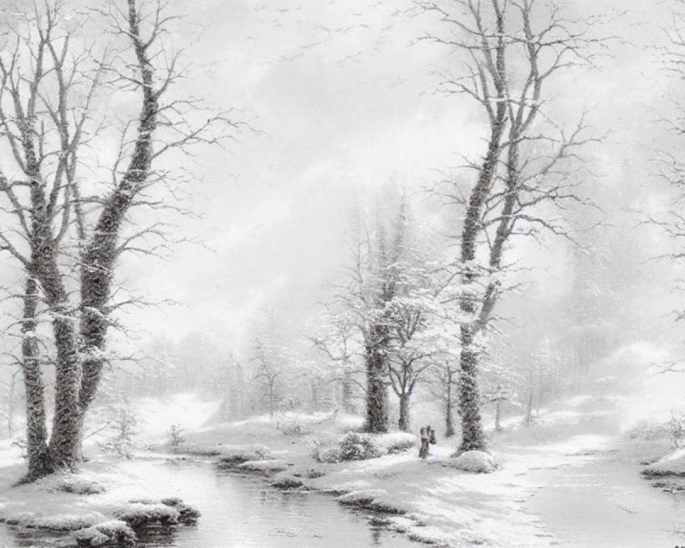 Snow-covered trees and stream with solitary figure in wintry scene