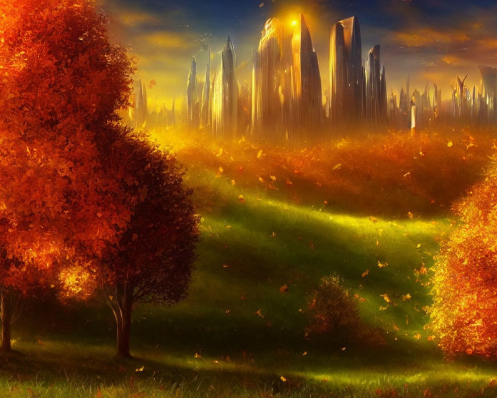 Vibrant orange trees in autumnal landscape with glowing city skyline