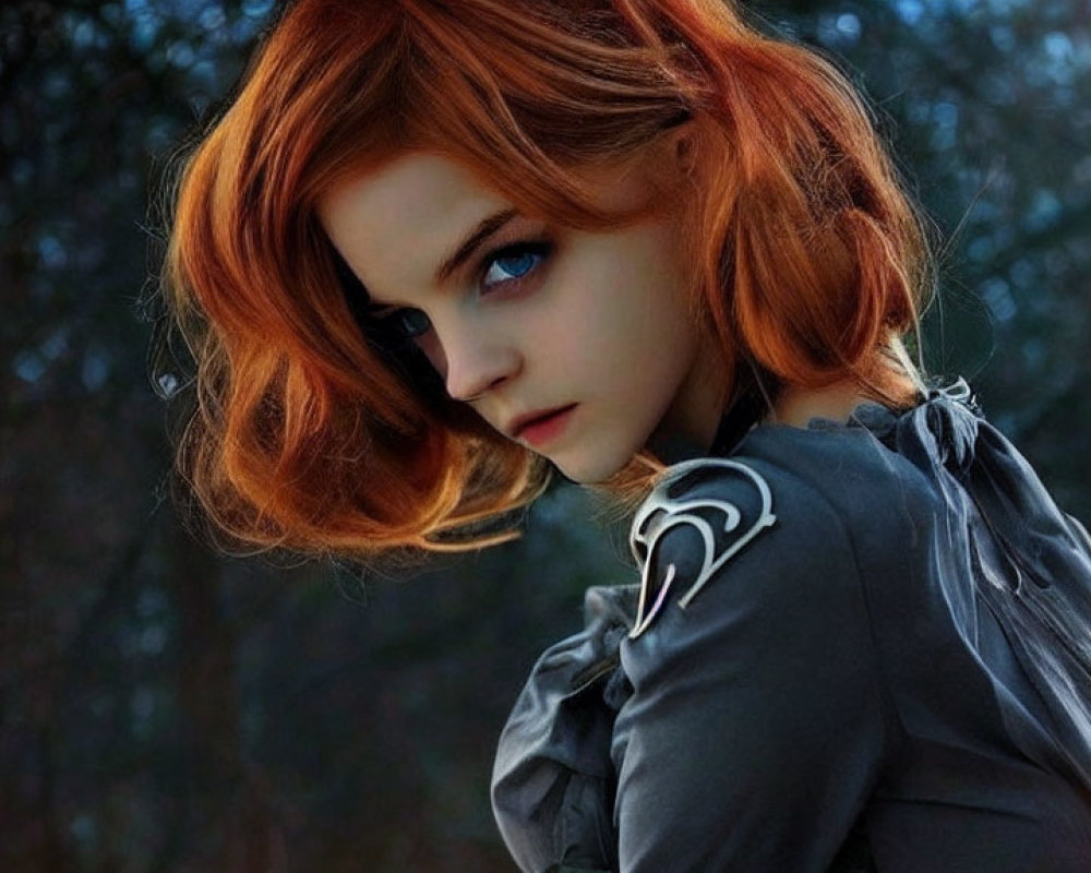 Striking red-haired woman with eye patch in mystical forest setting