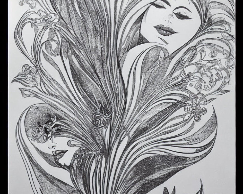 Monochrome Artwork: Stylized Female Faces with Floral Patterns