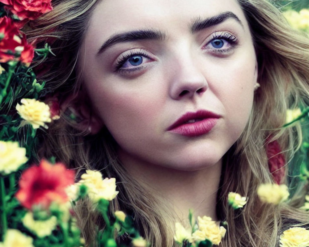 Blonde Woman with Blue Eyes Surrounded by Red and Yellow Flowers