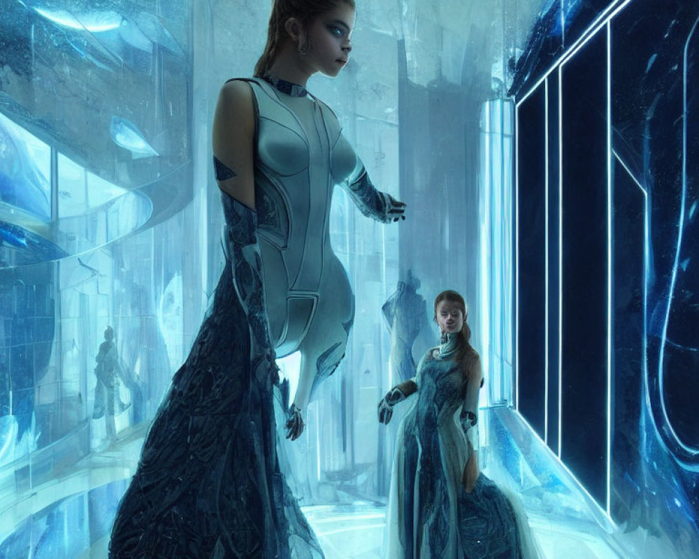 Futuristic scene: Two women in high-tech gowns in blue-lit room