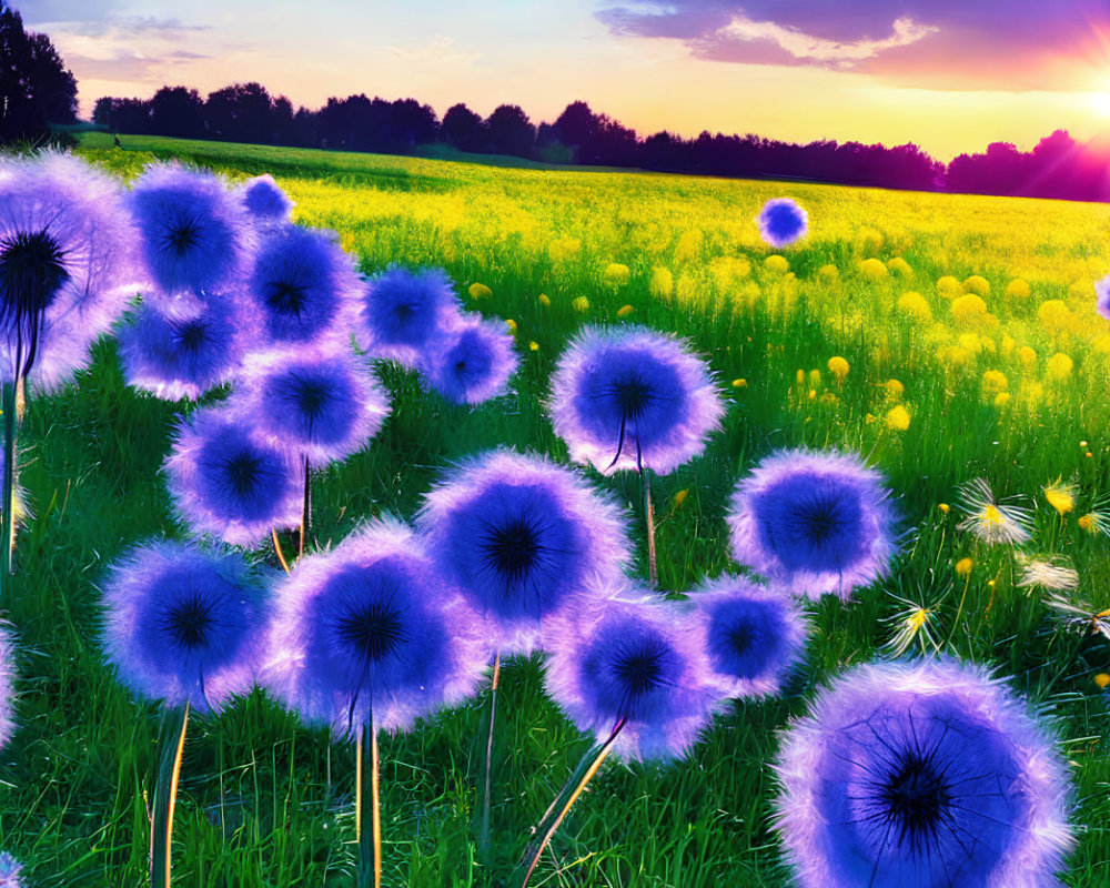 Colorful sunset behind oversized dandelion-like flowers in green field