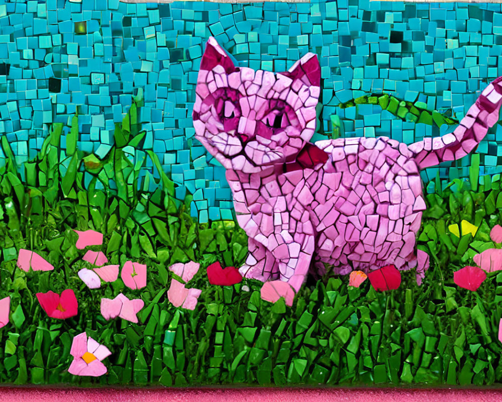 Pink and White Mosaic Kitten in Vibrant Field