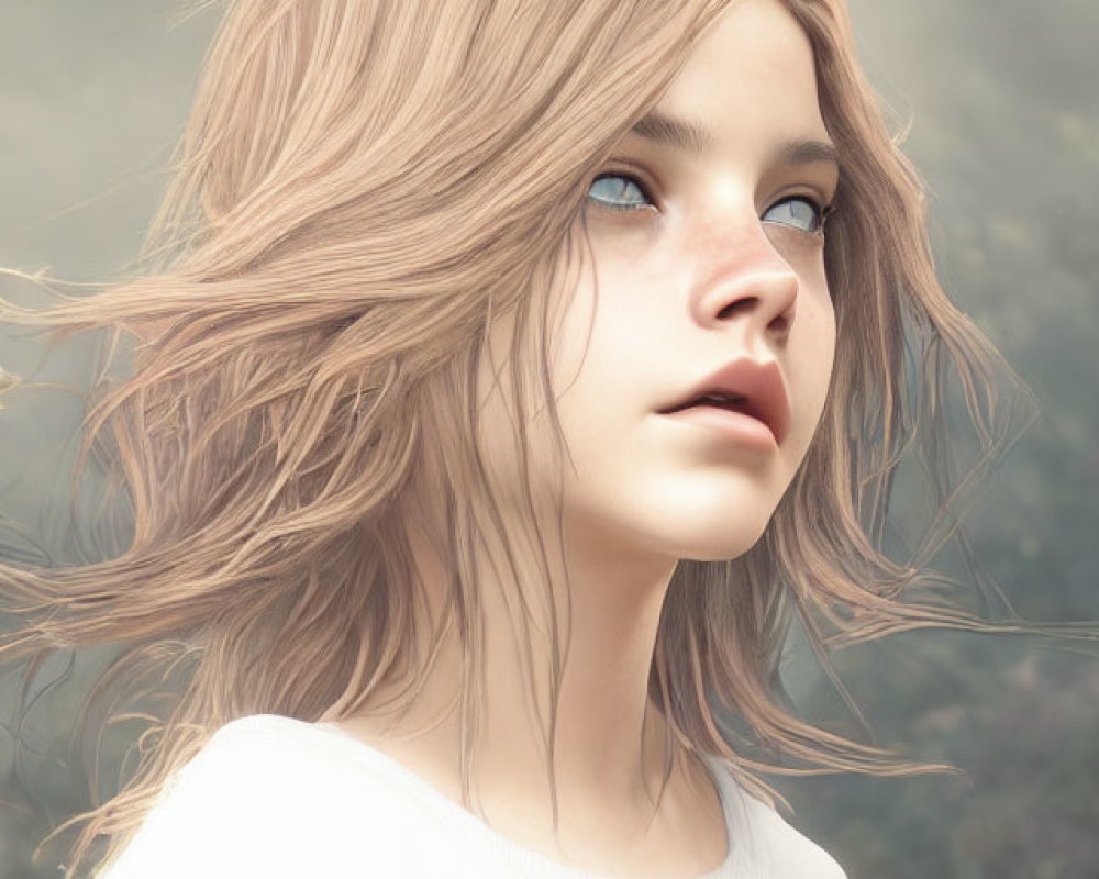 Young girl digital artwork with light brown hair and blue eyes on misty background