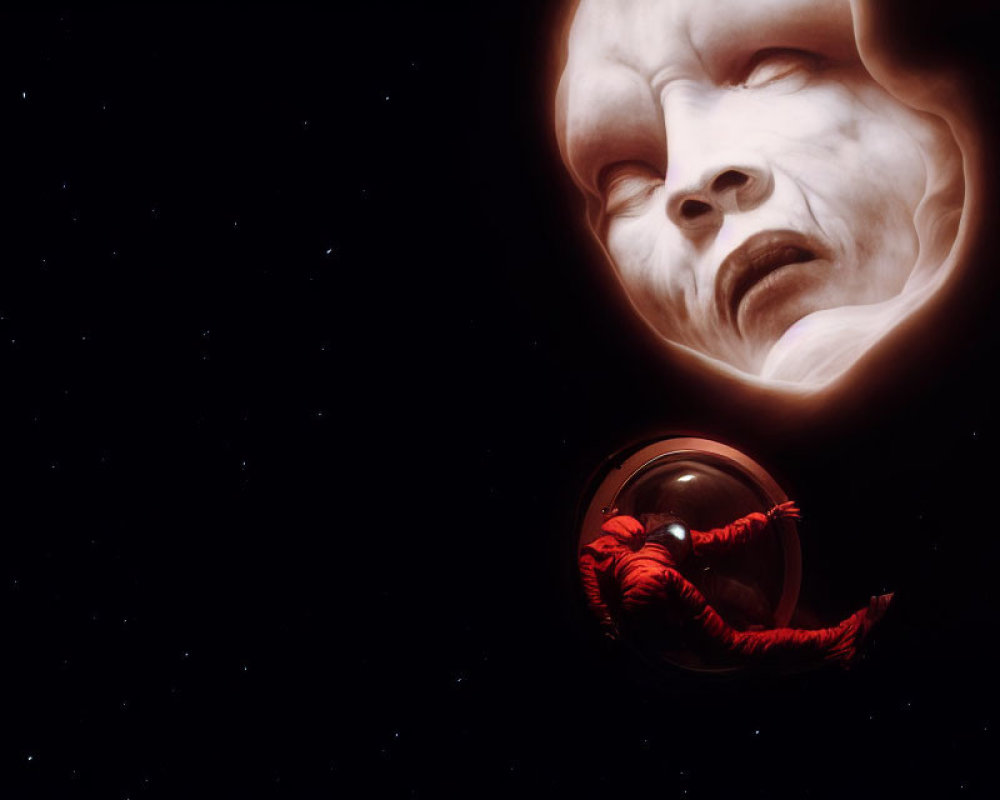 Red-suited astronaut floating near surreal face in space