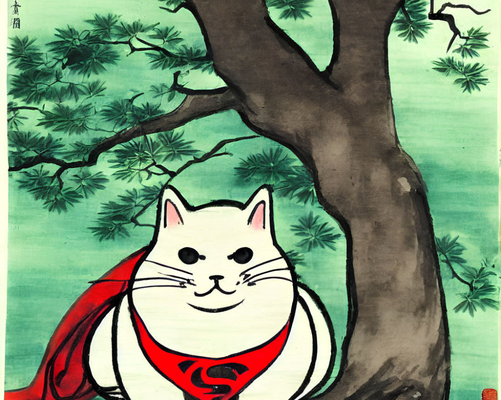 Illustration of white cat with Superman logo and red cape under stylized tree