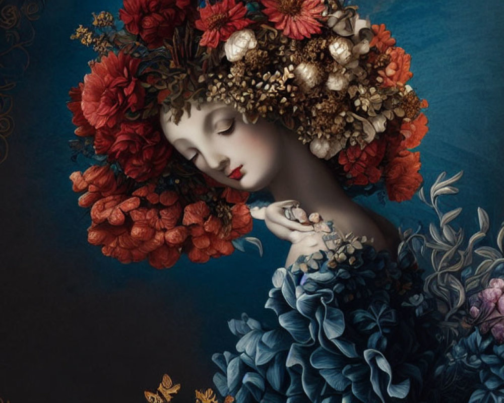 Woman with serene expression adorned with red flower wreath and blue floral garment