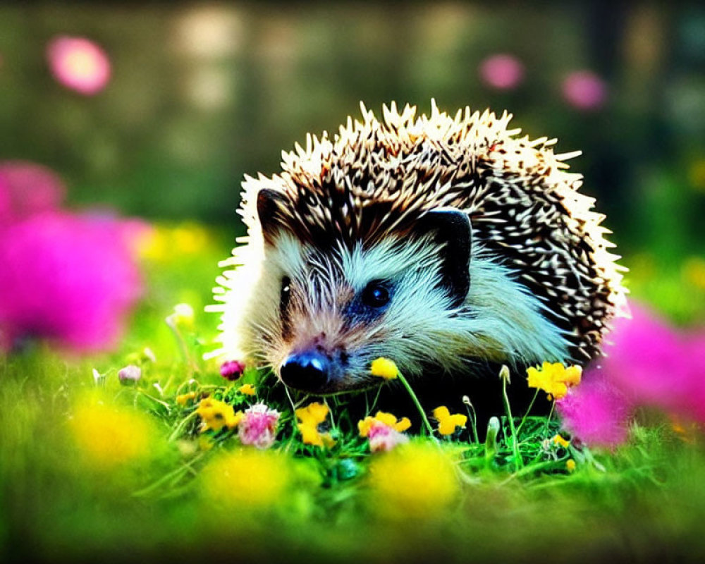 Hedgehog in Vibrant Flower Garden Scene