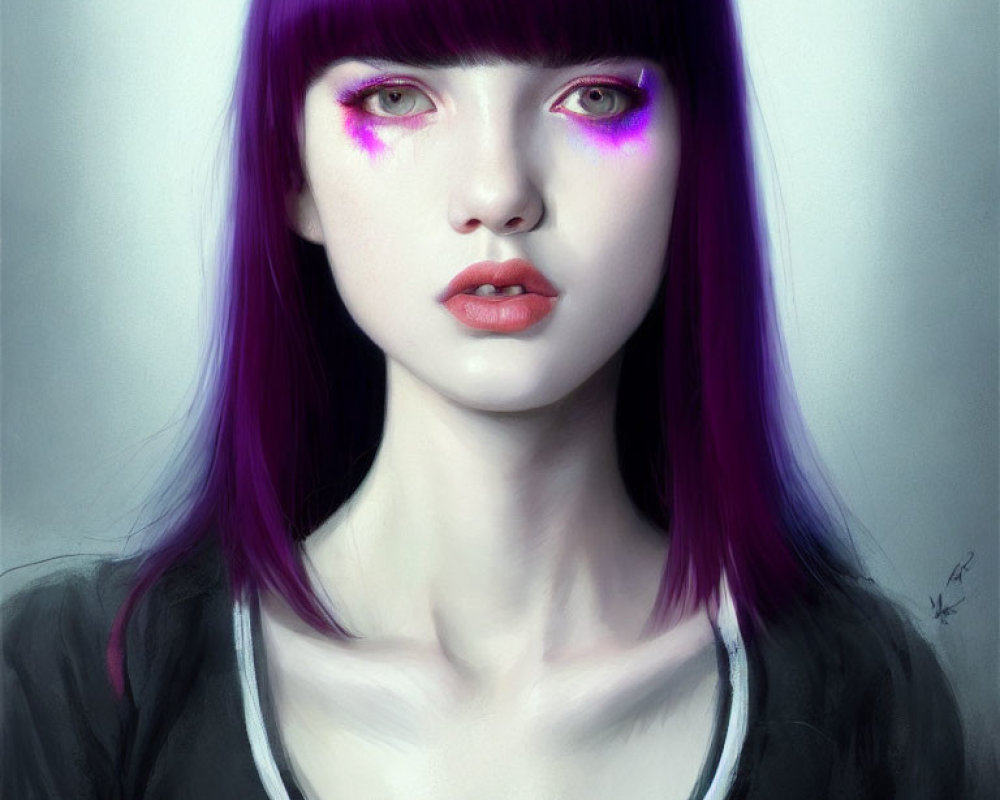 Vivid portrait of a person with violet hair, pink eyeshadow, pale skin, and red