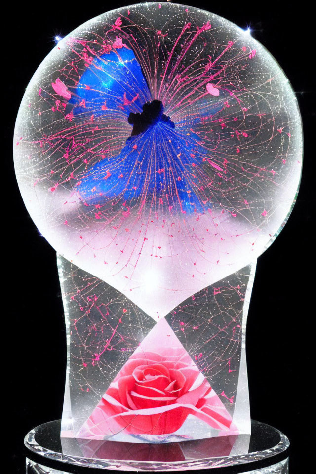 Colorful Cosmic Hourglass with Red Rose in Lower Chamber