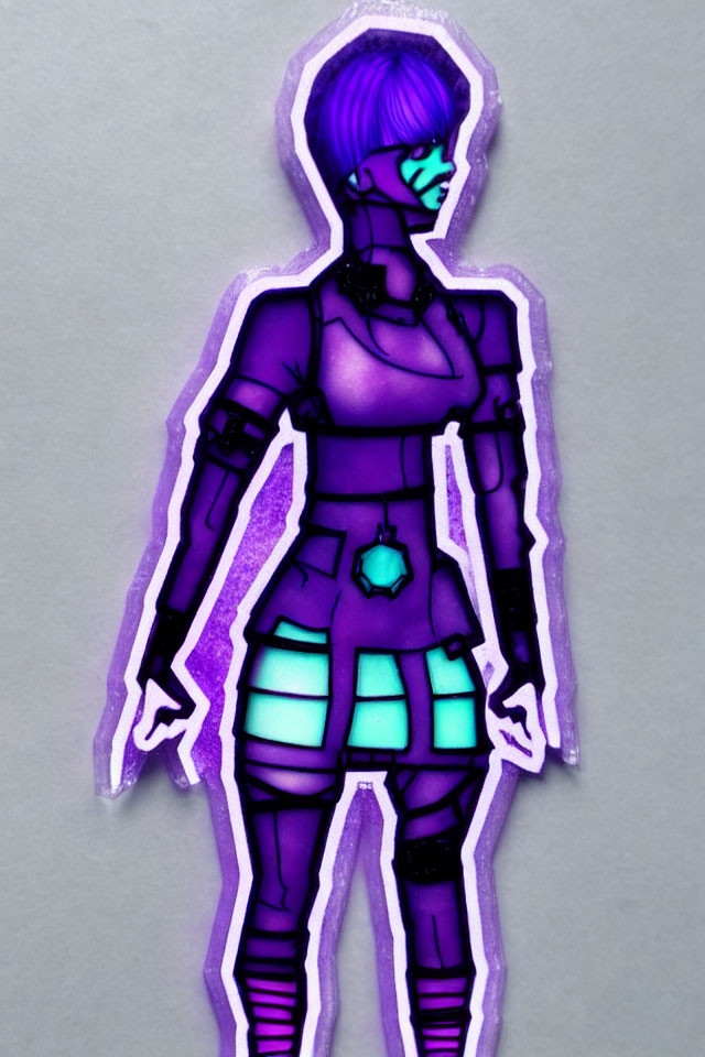 Stylized character sticker: Purple tones, cybernetic elements, blue hair, futuristic armor