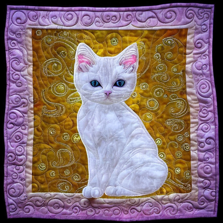 White Cat Quilt with Blue Eyes on Swirl Pattern Background