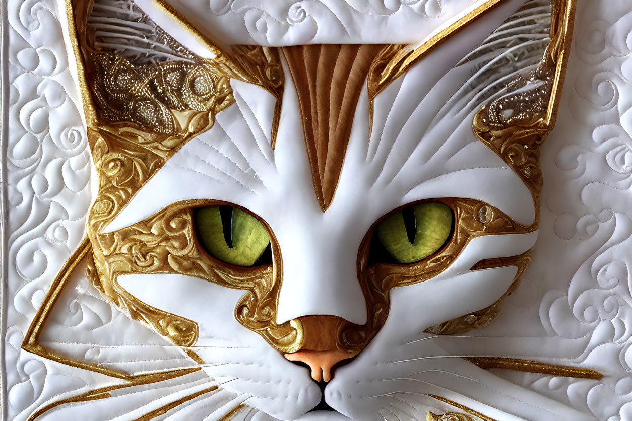 White and Gold Cat Masquerade Mask with Green Eyes and Intricate Patterns