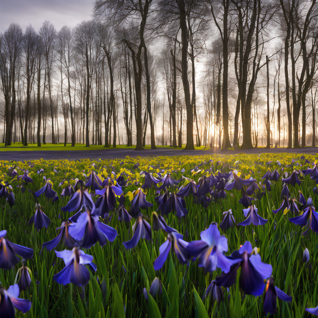 Vibrant purple irises in serene field with sunset backdrop