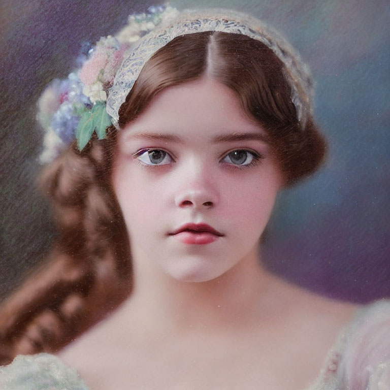 Vintage portrait of young girl with floral headband and lace adornment