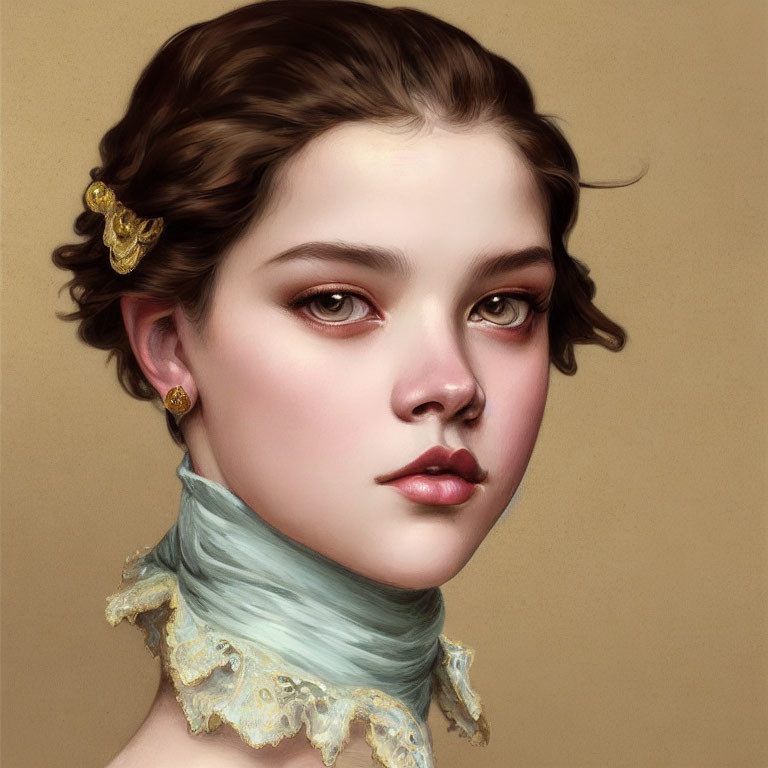 Young woman with brown hair and elegant gold accessories in digital painting