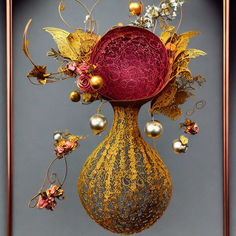 Intricate Golden Bauble with Red Sphere and Lace Patterns