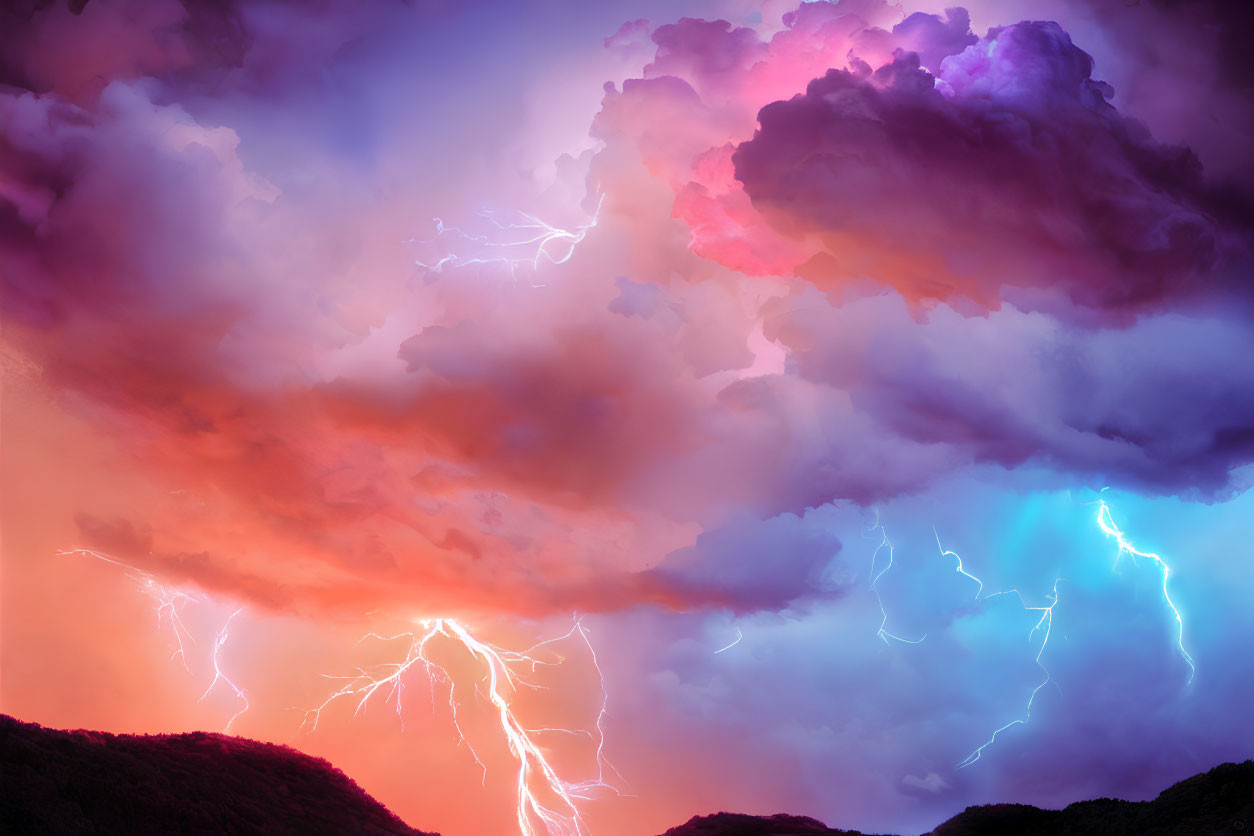 Vibrant pink and orange clouds with blue lightning bolts over silhouetted hills