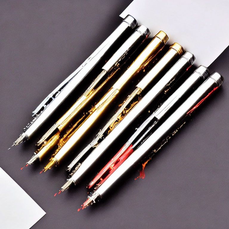 Six pens with gold and silver accents, showcasing nibs and ink reservoirs in various colors