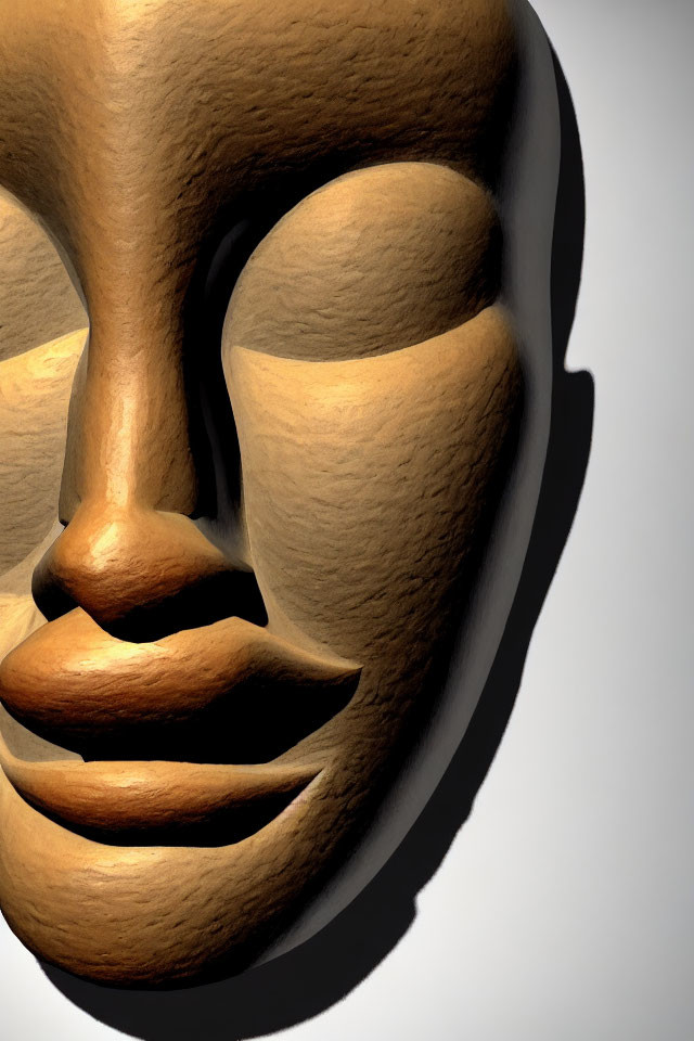 Detailed wooden mask with smooth surfaces and prominent features on shadowed background