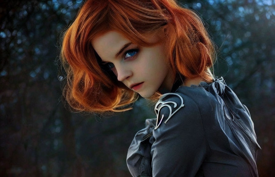 Striking red-haired woman with eye patch in mystical forest setting