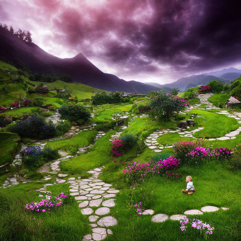 Stone Path in Lush Garden with Pink Flowers, Purple Sky, Mountains, and Child