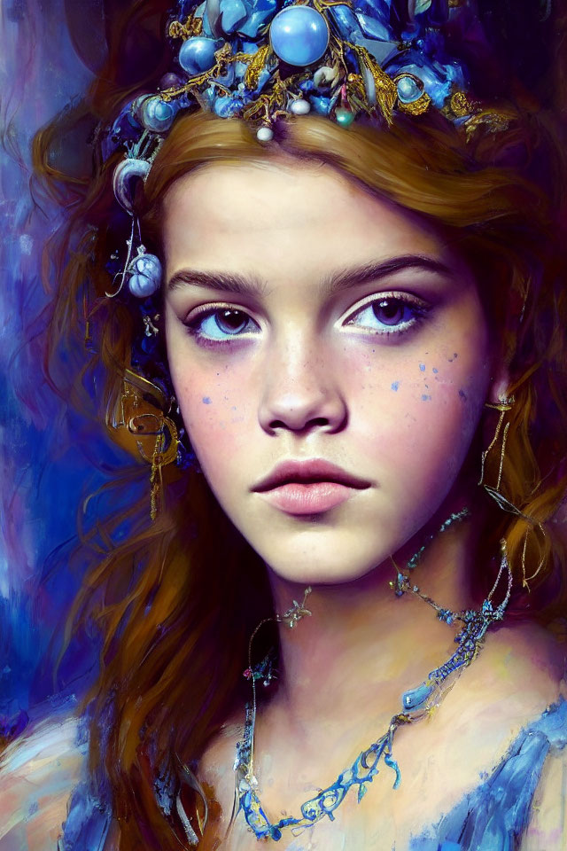 Young woman digital painting with blue jeweled headdress and sapphire speckles