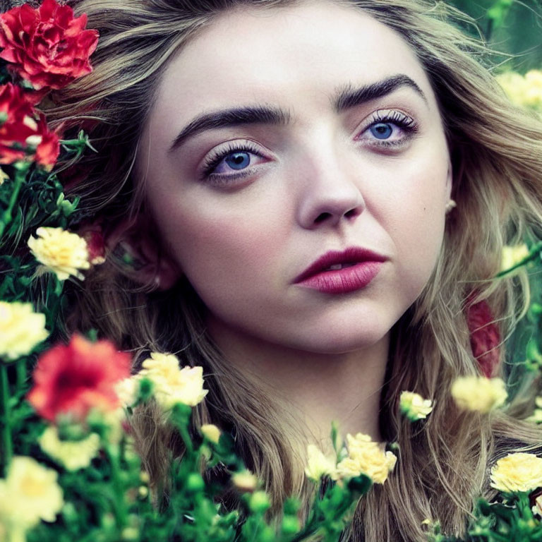 Blonde Woman with Blue Eyes Surrounded by Red and Yellow Flowers