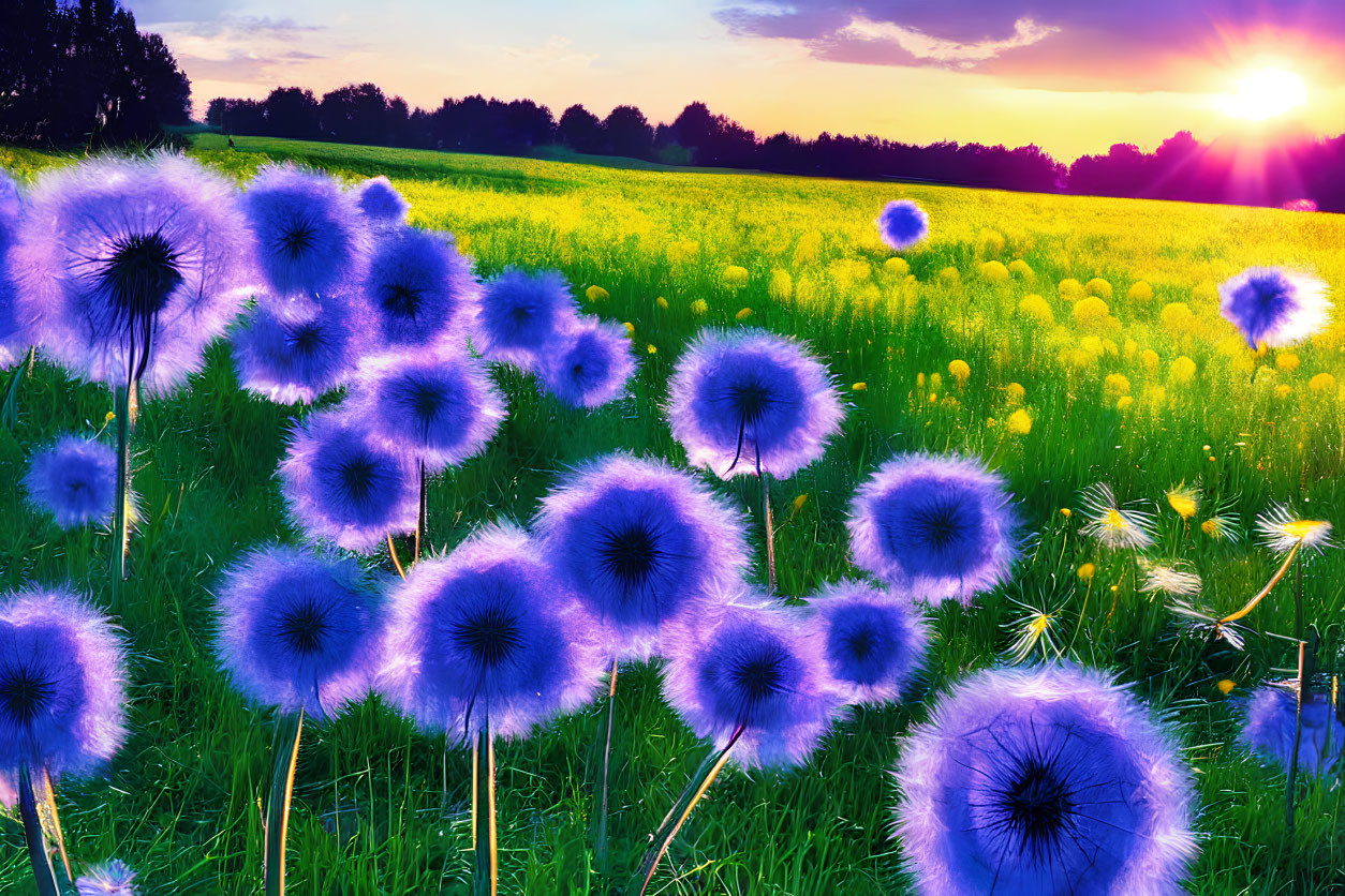 Colorful sunset behind oversized dandelion-like flowers in green field