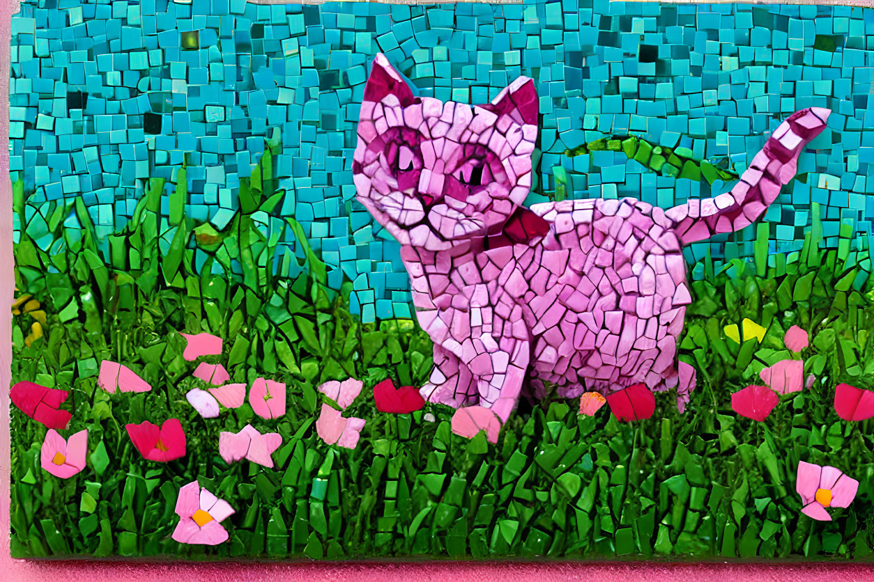 Pink and White Mosaic Kitten in Vibrant Field