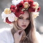 Young girl with blue eyes and floral crown in pensive gaze against misty backdrop