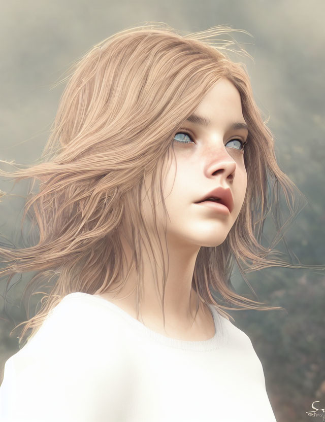 Young girl digital artwork with light brown hair and blue eyes on misty background