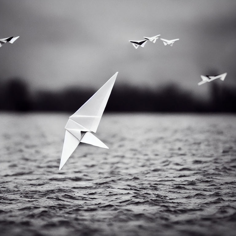 Monochromatic image of large paper crane on rippled water with flying smaller cranes