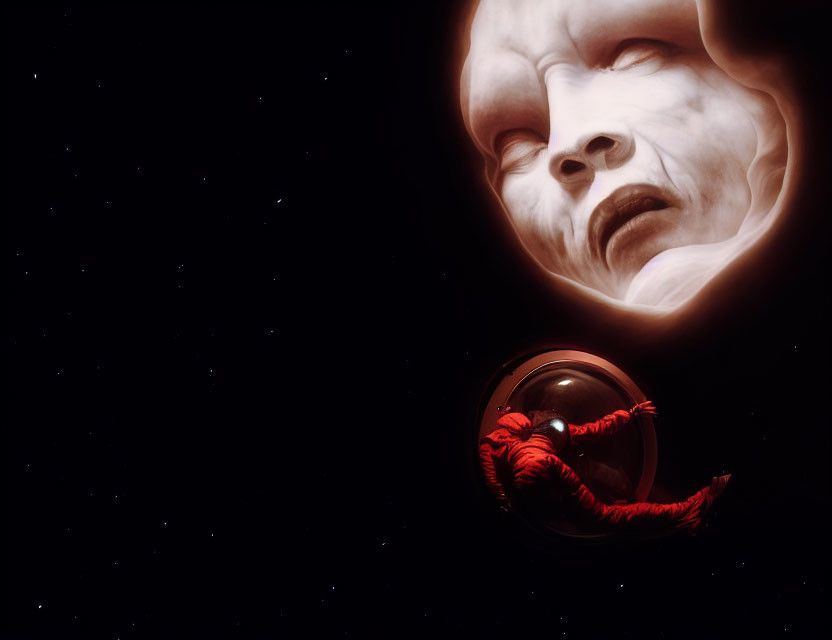 Red-suited astronaut floating near surreal face in space