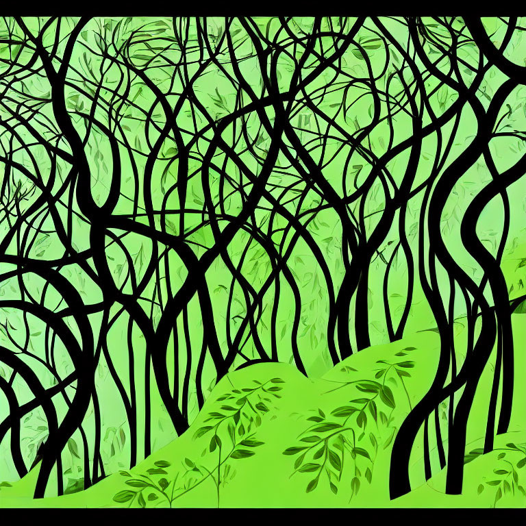 Detailed green forest illustration: twisted black trees on rolling hills