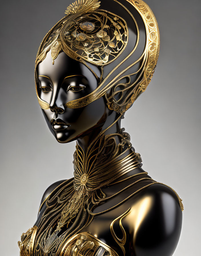 Mannequin with ornate golden headgear and jewelry on grey backdrop