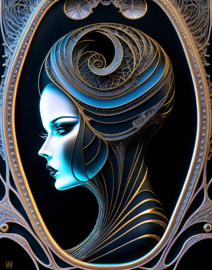 Stylized female profile with golden headdress on deep blue background